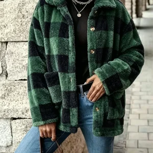 Women's Plaid Fluffy Fleece Jacket - Thumbnail Image 5