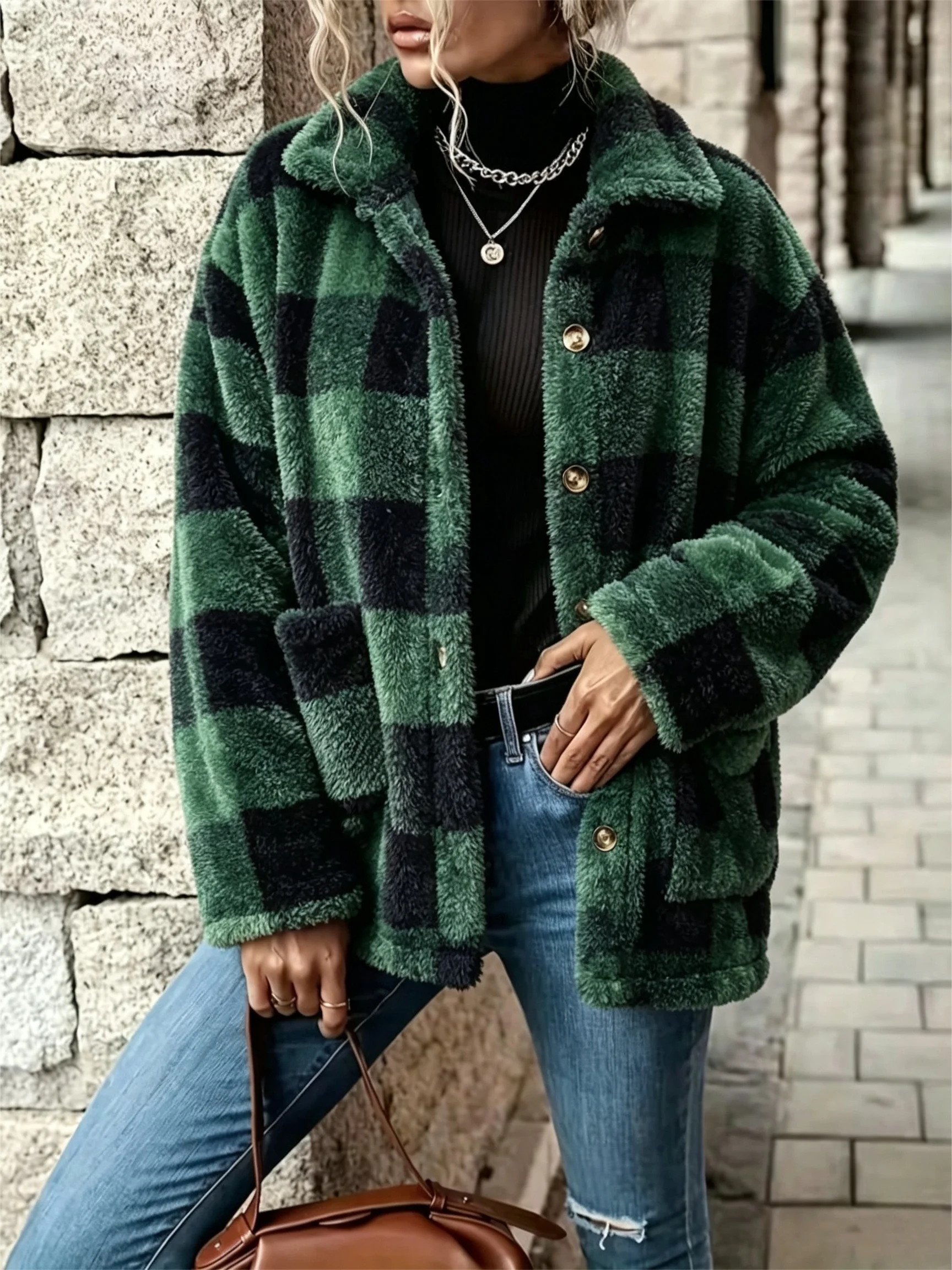 Women's Plaid Fluffy Fleece Jacket - Image 5