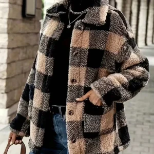 Women's Plaid Fluffy Fleece Jacket - Thumbnail Image 2