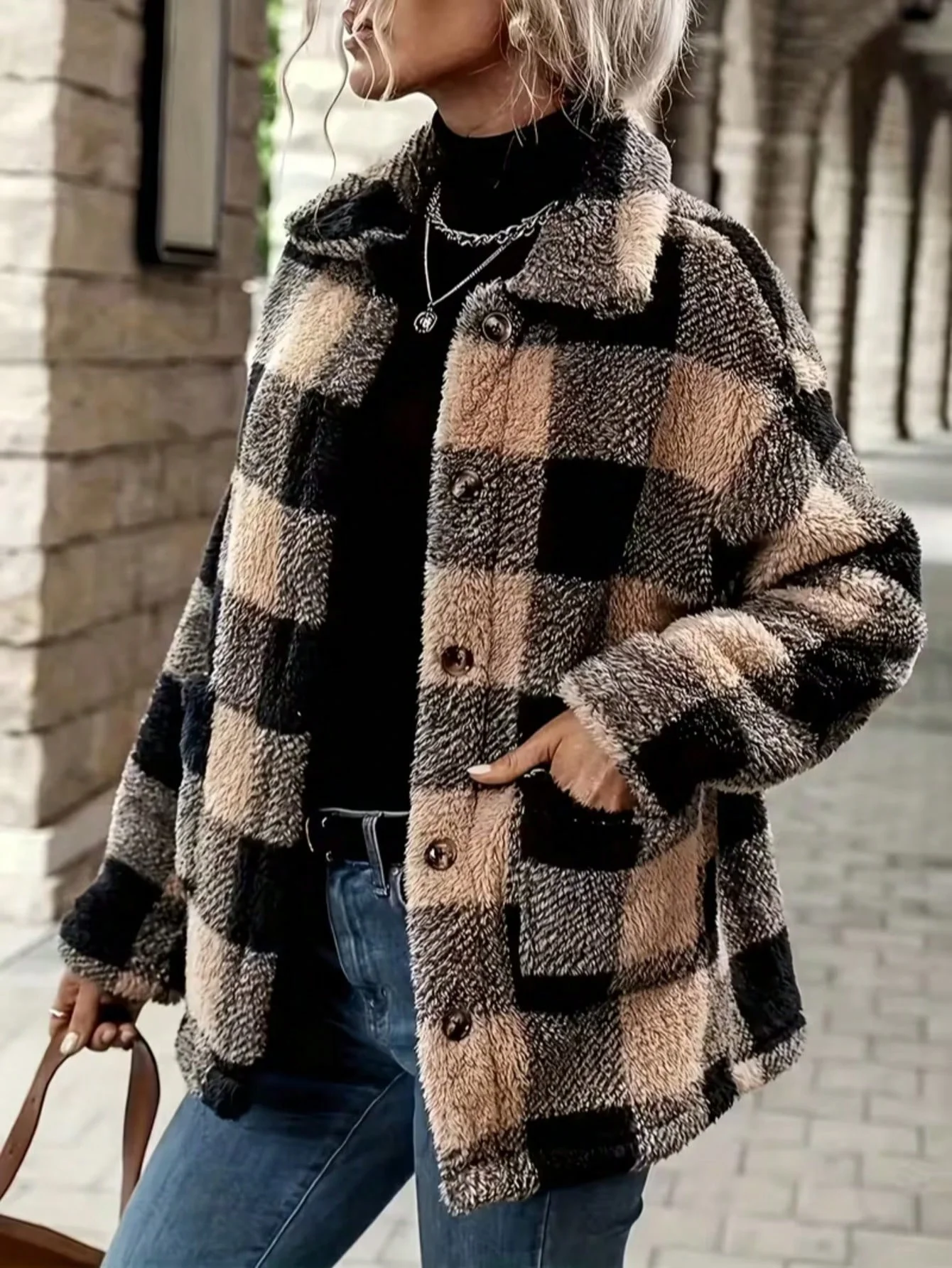 Women's Plaid Fluffy Fleece Jacket - Image 2