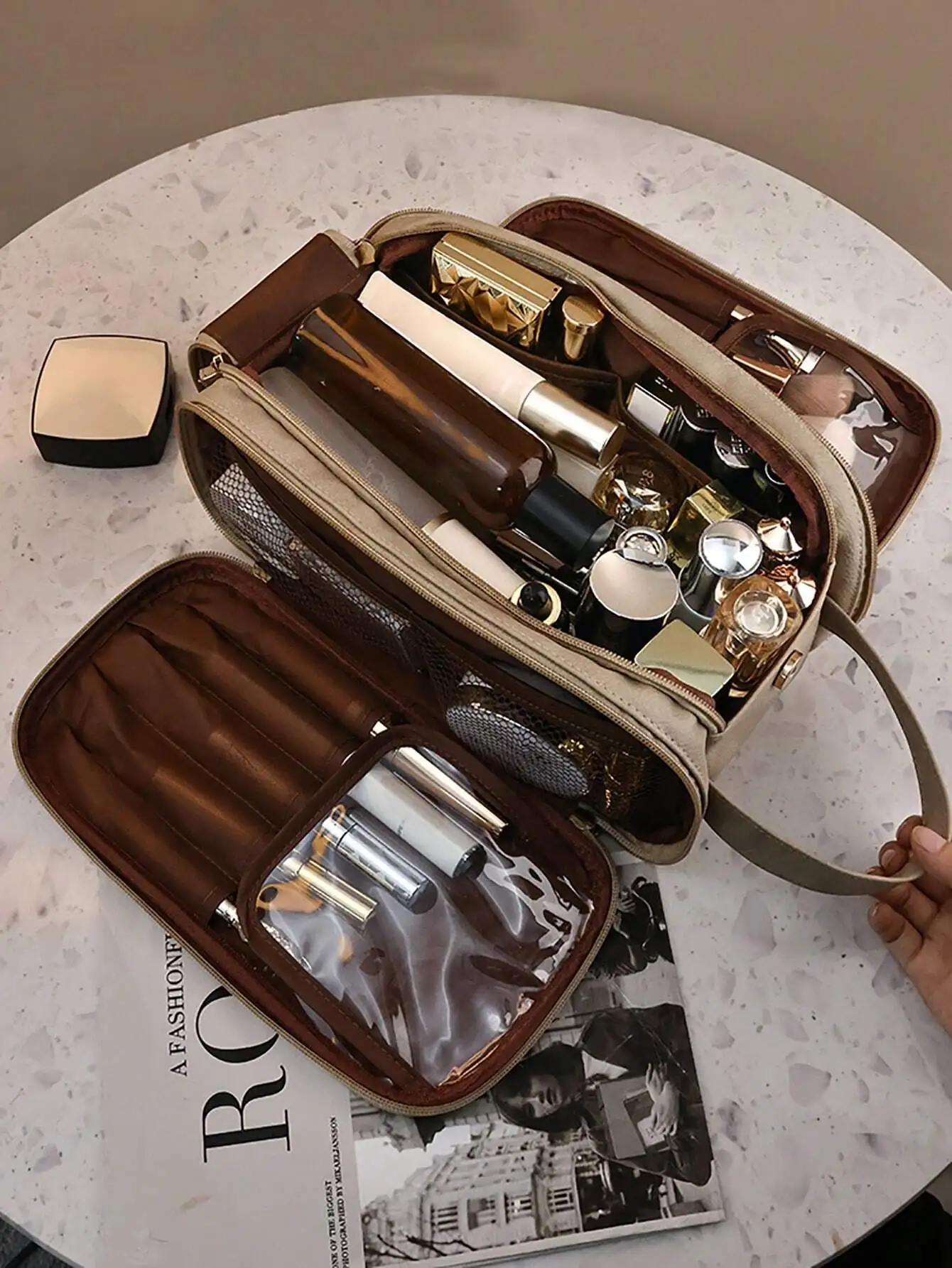 Camel Waterproof PU Leather Multi-Functional Makeup Bag - Image 1