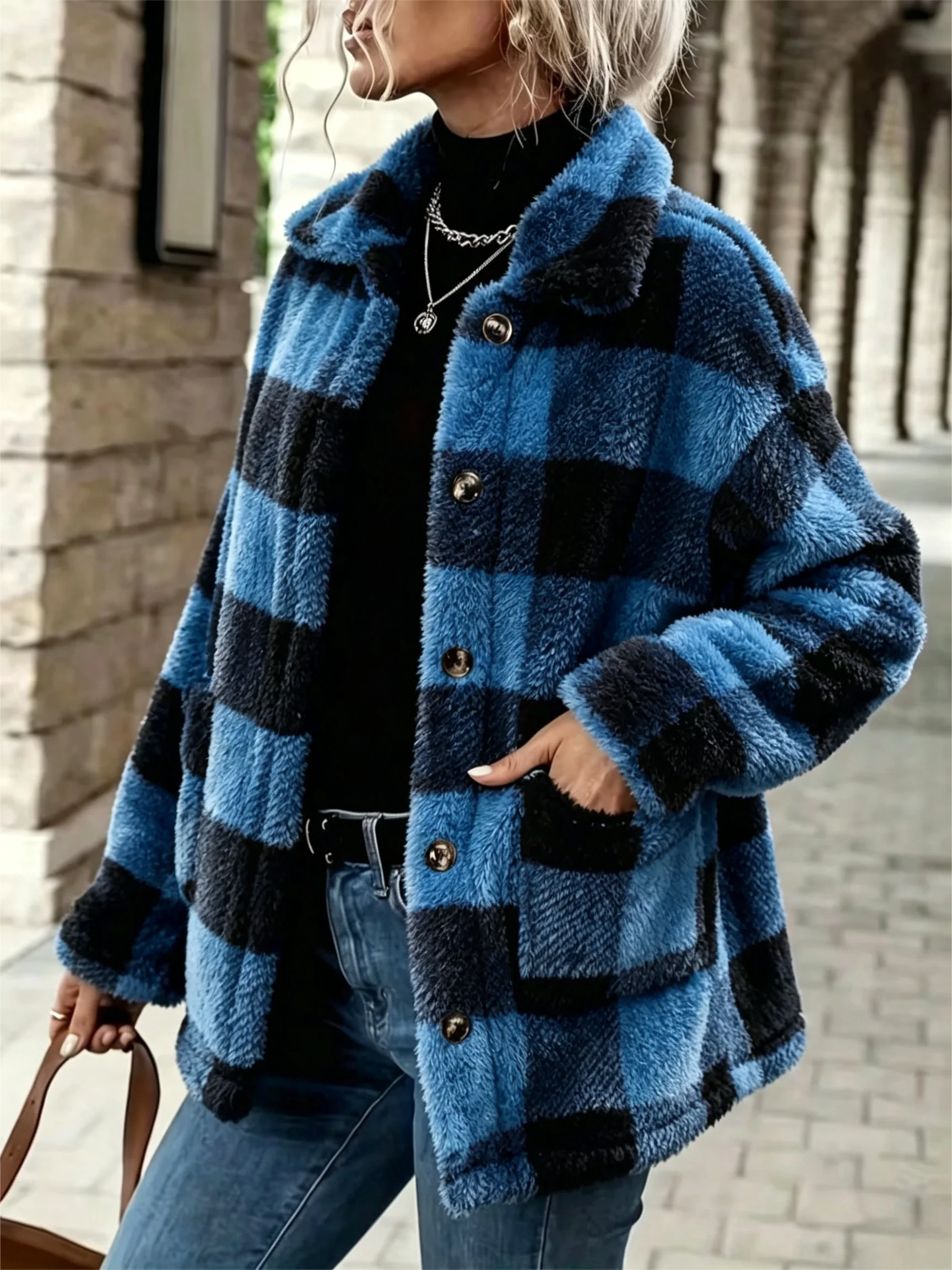 Women's Plaid Fluffy Fleece Jacket - Image 3