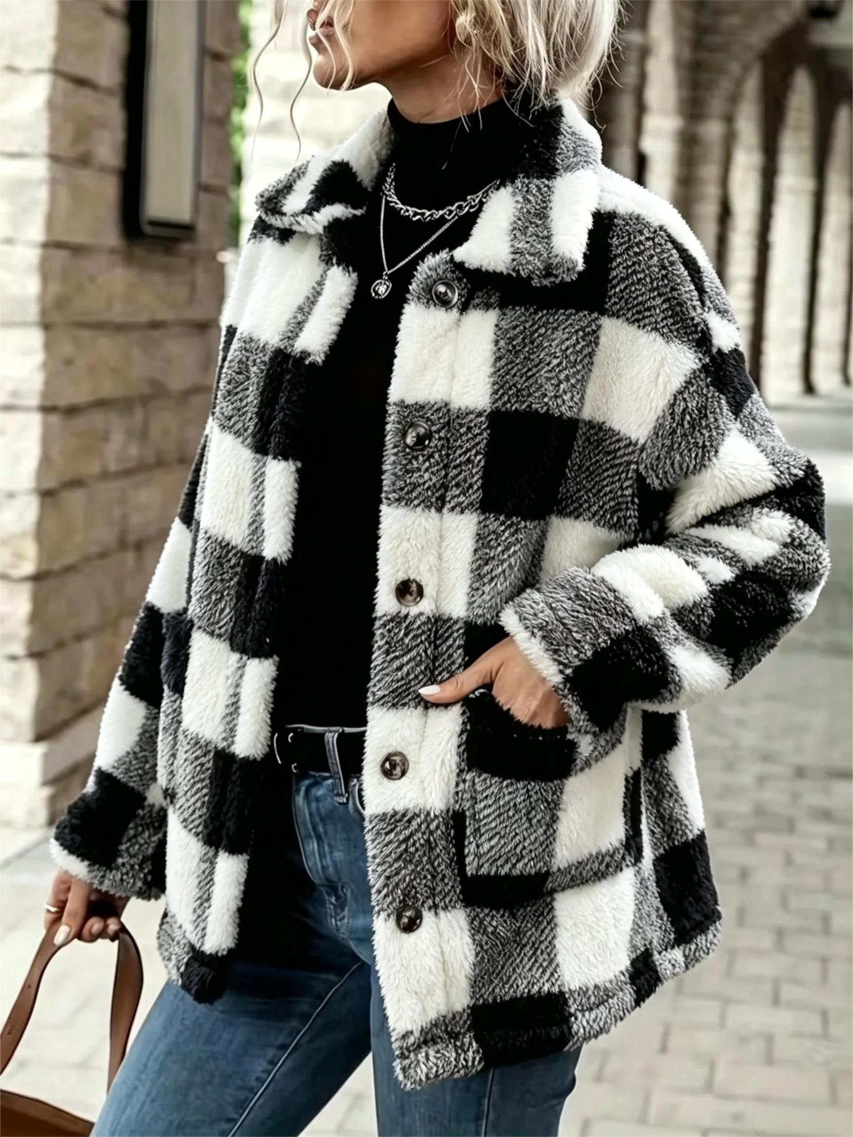 Women's Plaid Fluffy Fleece Jacket - Image 1