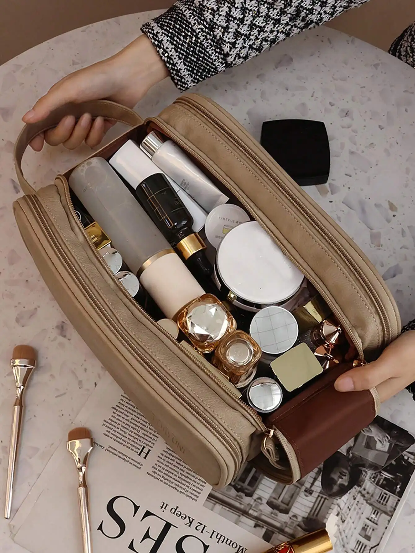 Camel Waterproof PU Leather Multi-Functional Makeup Bag - Image 2