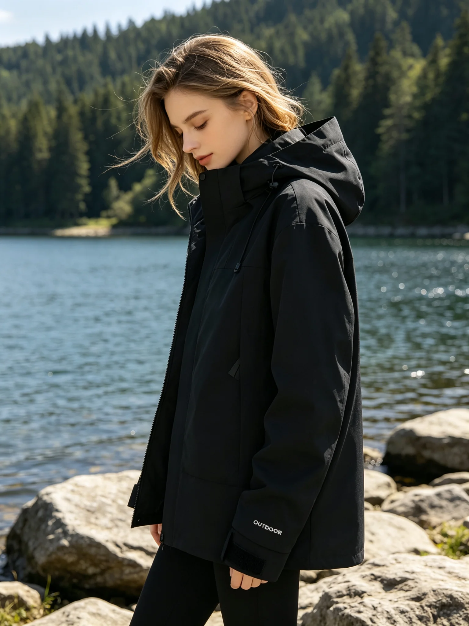 Women Color Hooded Rain Jacket - Image 1