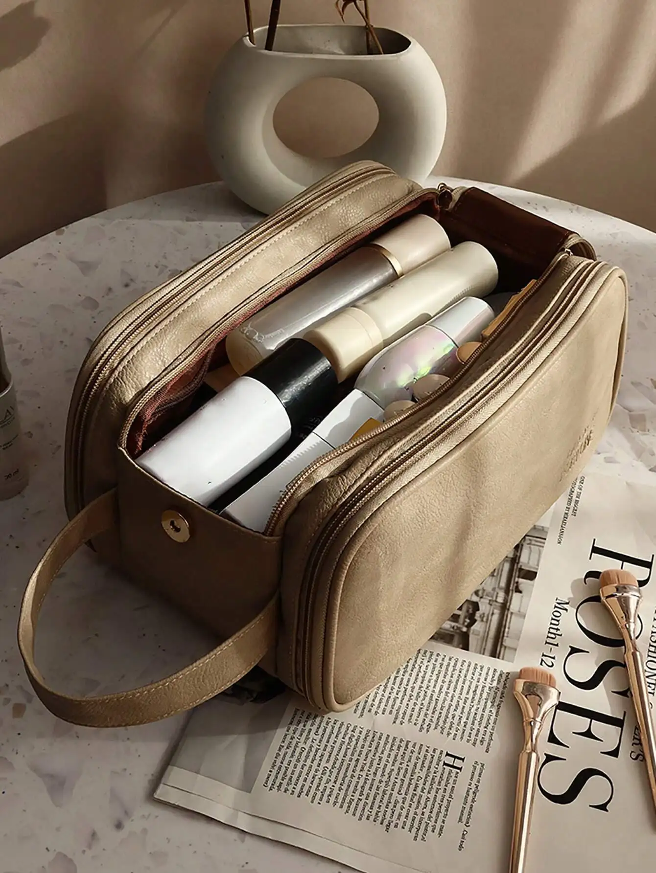 Camel Waterproof PU Leather Multi-Functional Makeup Bag - Image 3