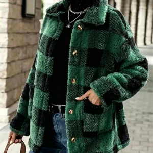 Women's Plaid Fluffy Fleece Jacket - Thumbnail Image 4