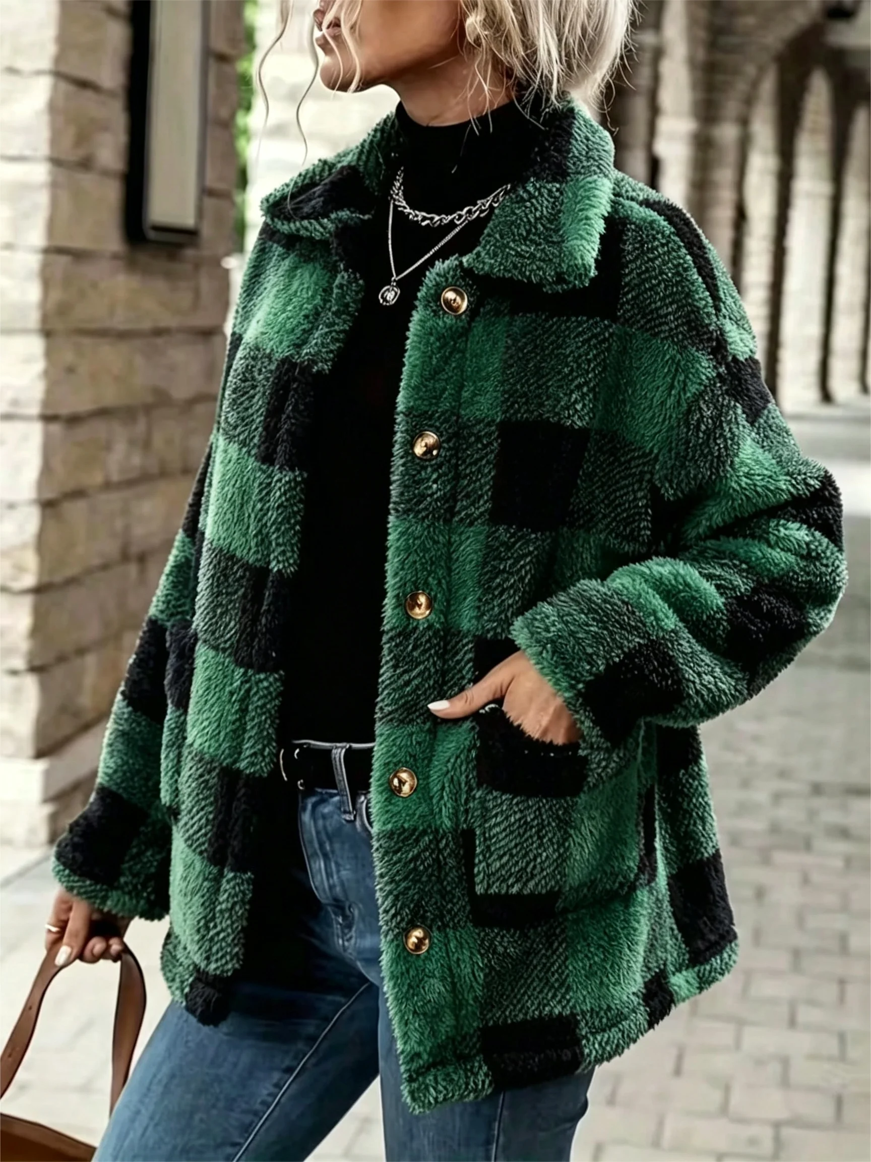 Women's Plaid Fluffy Fleece Jacket - Image 4